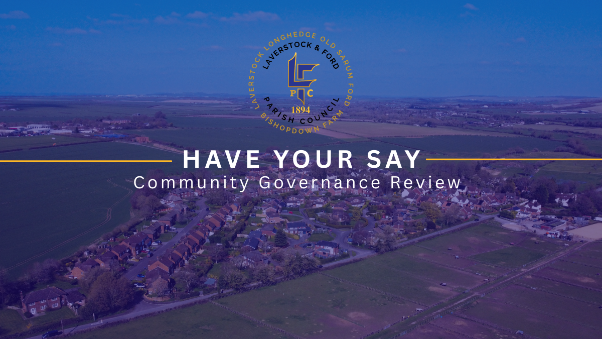 Aerial view of Laverstock and the surrounding countryside, overlaid with the text “Have Your Say – Community Governance Review” and the Laverstock & Ford Parish Council logo.